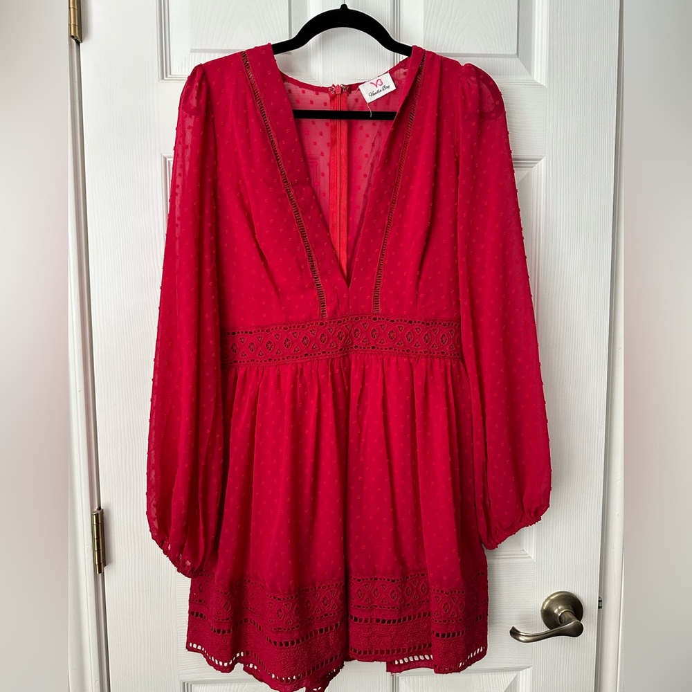 Red Swiss Dot Long-Sleeve V-Neck Dress for Women / Spring or Summer Date Night